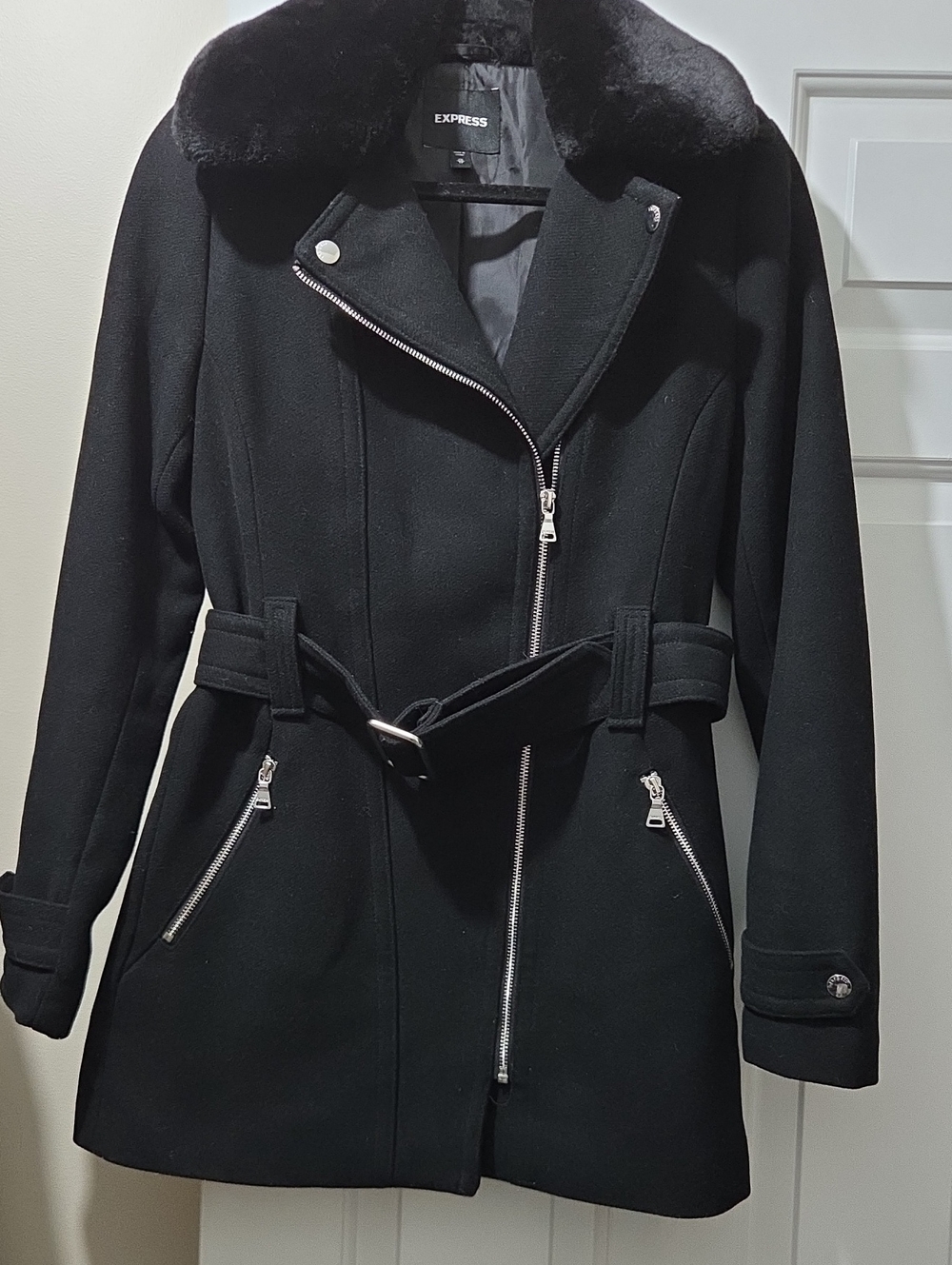 Express Black Wool Trench Coat with Faux Fur Collar